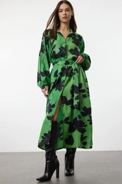 Green Floral Wide Pattern Sleeves Stitch Detail Premium Fabric Maxi Shirt Dress