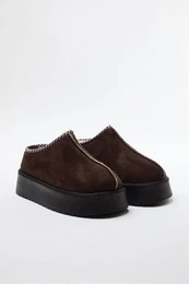 Dark Brown Embroidery Detail Fur Lined Thick Sole Women's Ankle Boots