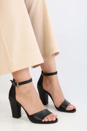 Women's Glamm Black Skin Single Strap Thick Heeled Shoes