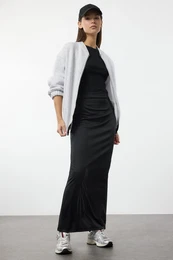 Grey Melange Zippered Oversize/Wide Pattern Thick Inside Polar Fleece Knitted Sweatshirt