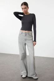 Anthracite Premium Viscose Crew Neck Crop Flexible Knitted Blouse