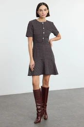 Black Waist-Opening Crew Neck Mini Tweed Woven Dress