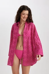 Fall In Love Cotton Hole Embroidered Pink Beach Shirt