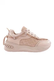 Beige - B2 Women's Silver Stone Rope Detailed Lace Up Sneakers Shoes Skin Quilted