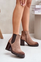 Insulated women's ankle boots with heels made of eco suede beige