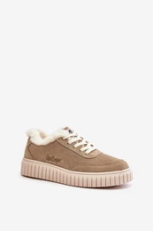 Leather women's sneakers insulated with fur beige