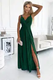 498-2 Long dress with neckline and double straps - GREEN WITH BROCADE