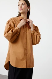 Cinnamon Balloon Sleeve Back Long Pocket Detail Basic Woven Shirt