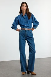 Blue Dart Detail High Waist Long Straight Jeans