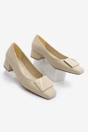 Women's Thick Heel Blunt Toe Stoned Buckled Classic Heeled Shoes Lumpe Beige