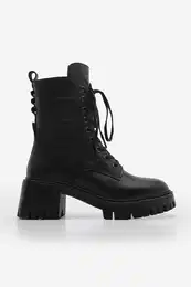 Women's Genuine Leather Lace-Up and Zippered Thick Heeled Combat Boots Miros Black