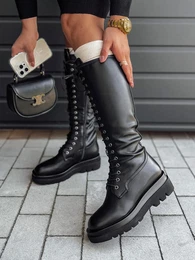 Kozaki damskie STYLZIPPER sznurowane z zamkiem czarne