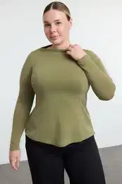 Curve Green Stand Collar Ribbed Regular/Normal Pattern Knitted Plus Size Blouse