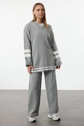 Grey Melange Color Block Striped Knitwear Top-Bottom Skirt Sweater Set