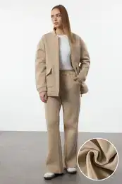 Camel Pocket Bomber Jacket Trousers Knitted Bottom-Top Set