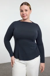 Curve Anthracite Stand Collar Ribbed Regular/Normal Pattern Knitted Plus Size Blouse