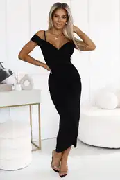 564-3 CALLIE Midi dress with open shoulders and neckline - BLACK
