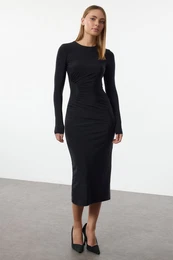 Navy Blue Plain Gathered Midi Body-Smoothing Flexible Knit Dress
