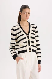 Regular Fit V Neck Striped Buttoned Knitted Cardigan