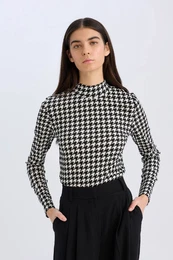 Slim Fit Slim Fit Half Turtleneck Houndstooth Casual Crepe Long Sleeve T-Shirt