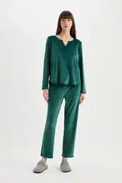 Fall in Love Pajama Set V Neck Velour Long Sleeve Top Elastic Waist Bottom