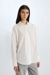 Christmas Themed Oversize Wide Pattern Poplin Long Sleeve Shirt