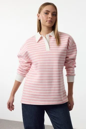 Pink Striped Polo Neck Thick Polar Fleece Oversize Knitted Sweatshirt