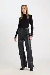 Cool Faux Leather Pants Straight Fit High Waist