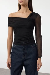 Black Asymmetric Collar Body-Smoothing Flexible Knitted Blouse