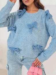 Sweter damski oversize BOWTONE z kokardkami niebieski