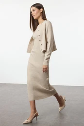 Beige Midi Knit Basic Cardigan Dress