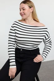 Curve Black Striped Premium Soft Fabric Fitted Boat Neck/Madonna Collar Flexible Knitted Blouse