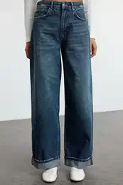 Dark Blue Folded Leg Regular Waist Skater Baggy Jeans