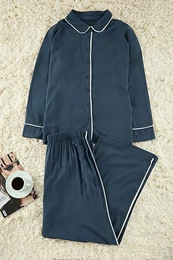 Curve Navy Blue Shirt Collar Piping Woven Pajama Set