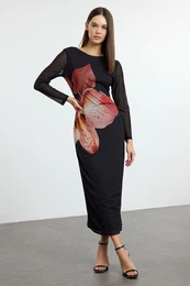Black Floral Maxi Floral Printed Fitted/Fits Tulle Stretch Knit Dress