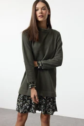 Emerald Green Floral Printed Mini Thessaloniki Stand Collar Knitted Dress