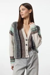 Ecru Wide Pattern Soft Textured Patterned Knitwear Cardigan