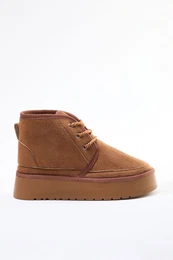 Tan Suede Lace-Up Platform Thick Flat Bottom Women's Boots