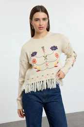 Ecru Soft Texture Tassel Embroidered Knitwear Sweater