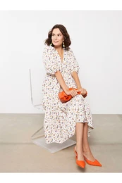 Women's V-Neck Floral Short Sleeve Poplin Dress