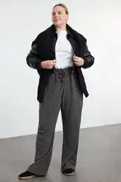 Curve Grey High Waist Crepe Knit Plus Size Trousers