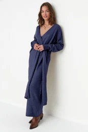 Navy Blue Soft Texture Midi Knit Double Breasted Collar Tie Dress