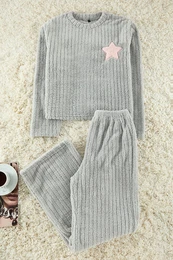 Gray Star Embroidered Striped Loose Pattern Winter Wellsoft Knitted Pajama Set