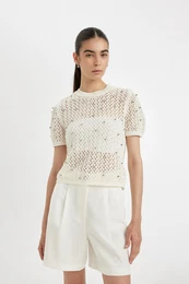 Regular Fit Crew Neck Crochet Short Sleeve Knitted T-Shirt