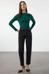 Emerald Green Boat Neck Draped Body-Smoothing Flexible Knitted Blouse