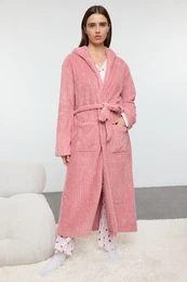 Pink Belted Striped Winter Wellsoft Knitted Dressing Gown