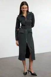 Anthracite Zippered Pocket Detailed Gabardine Fabric Midi Woven Shirt Dress
