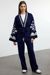 Navy Blue Double Breasted Belted Embroidered Knitwear Top-Bottom Set