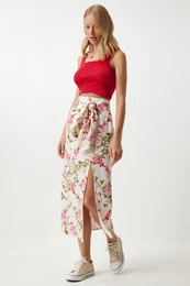 Happiness stanbul Women's Pink Cream Floral High Waist Knotted Linen Skirt