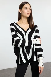 Black Deep V Neck Striped Knitted Sweater